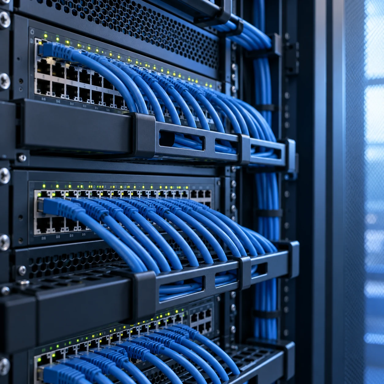 Detalle ilustrativo de una infraestructura de red con switches y cableado organizado